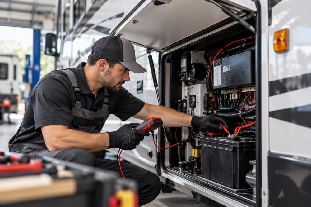 Open exterior generator compartment on a motorhome with a technician's gloved hand checking the unit