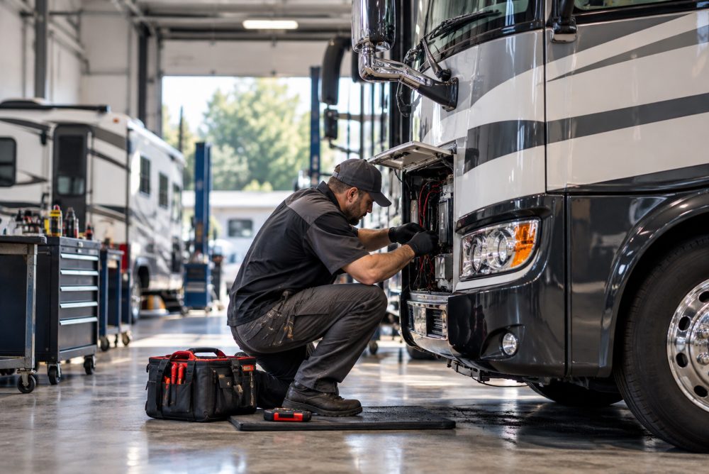 Technician with a hand-held light inspecting the underside of a motorhome in a repair bay
