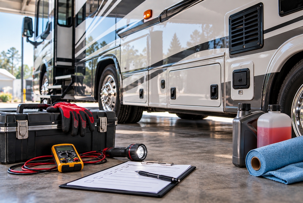 Technician checking the wheel hub and brake assembly on a travel trailer with the wheel removed